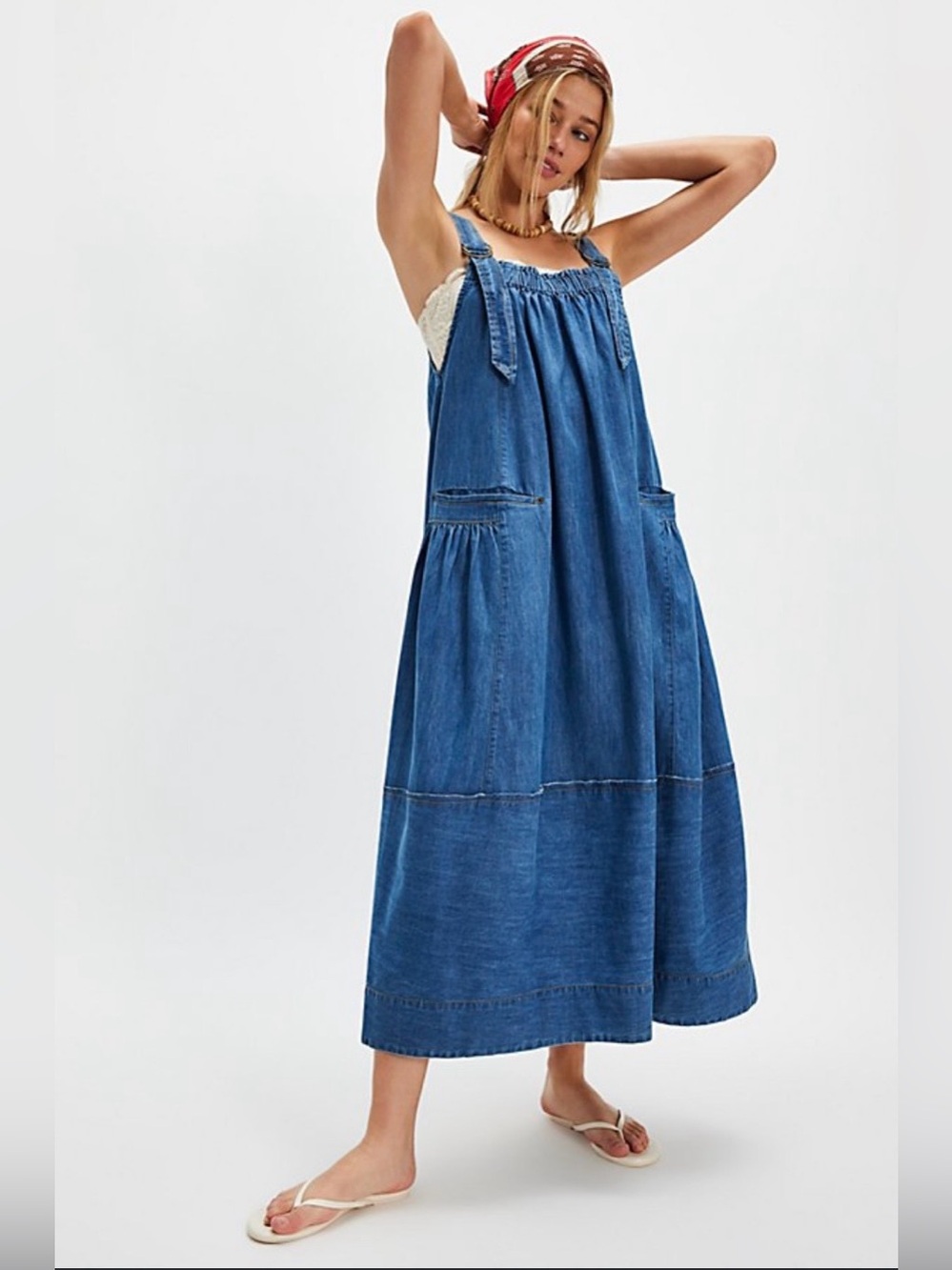 Free People Machu Barrel Dress Medium Blue Chambray Oversized Midi Maxi
